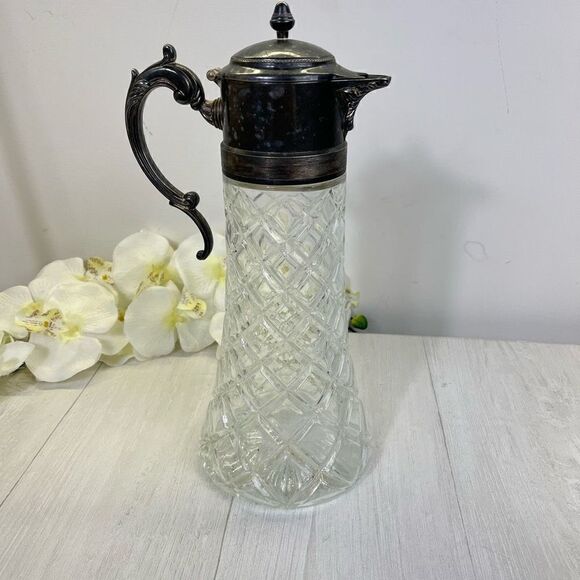 Large Silver Plate Cut Clear Glass Serving Pitcher Carafe - Picture 1 of 13